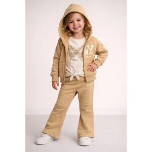 NWT DKNY Girls 3T 3pc Tracksuit Set Hoodie Tee Pants Tan Outfit